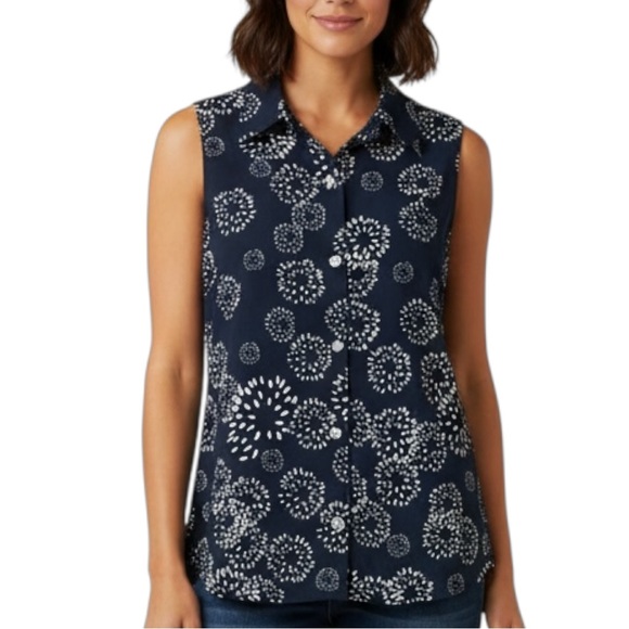 CAbi Tops - Cabi Sz Medium Navy Sleeveless Blouse Dandelion Fireworks Ruffle Peplum Back